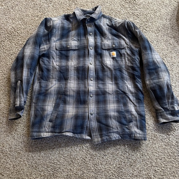 carhartt hubbard men large flannel blue plaid sherpa lined button up heavyweigt